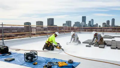 Commercial roofing crew installing durable roof for a Fort Collins, CO business