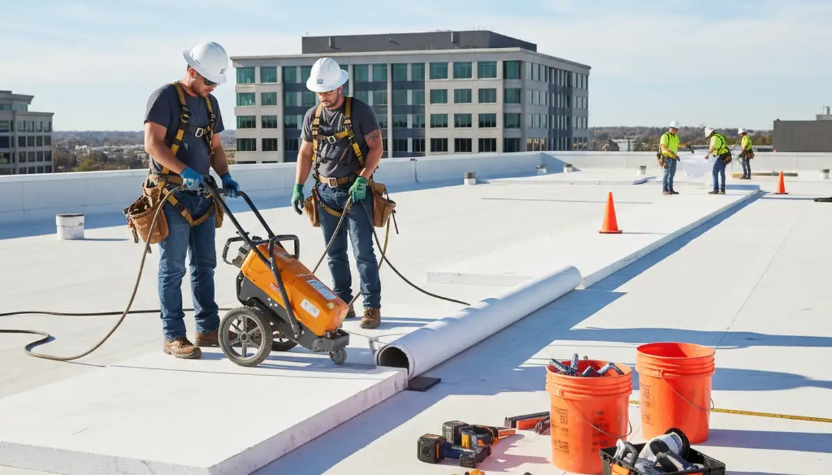 Commercial roofing crew installing durable roof in Fort Collins, CO for business protection