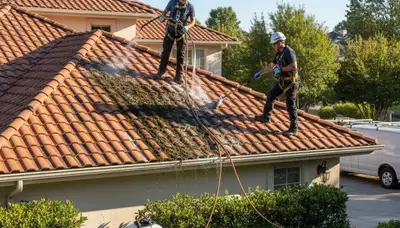 Fort Collins, CO roof cleaning service removing moss and debris from a residential roof